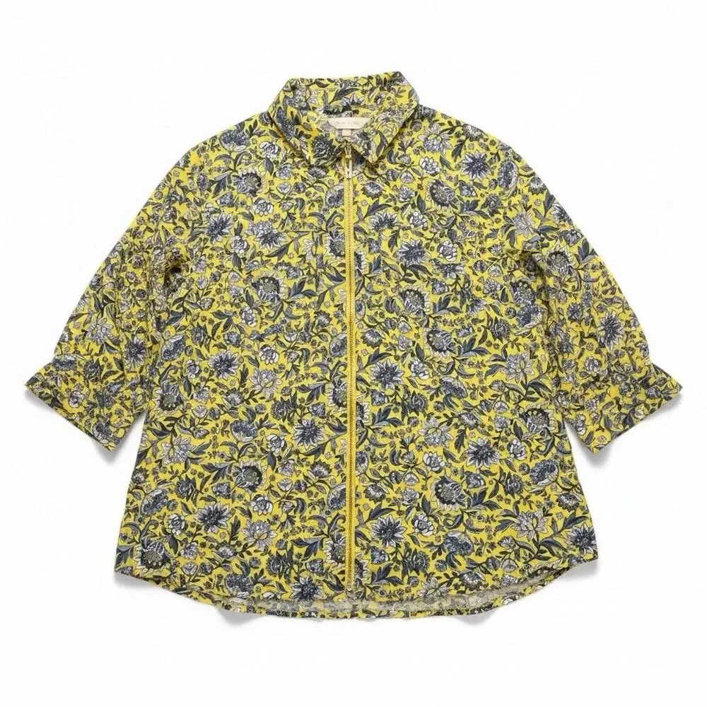 Michael Kors Womens 2X Floral Zip Front Shirt Jacket Shacket Yellow